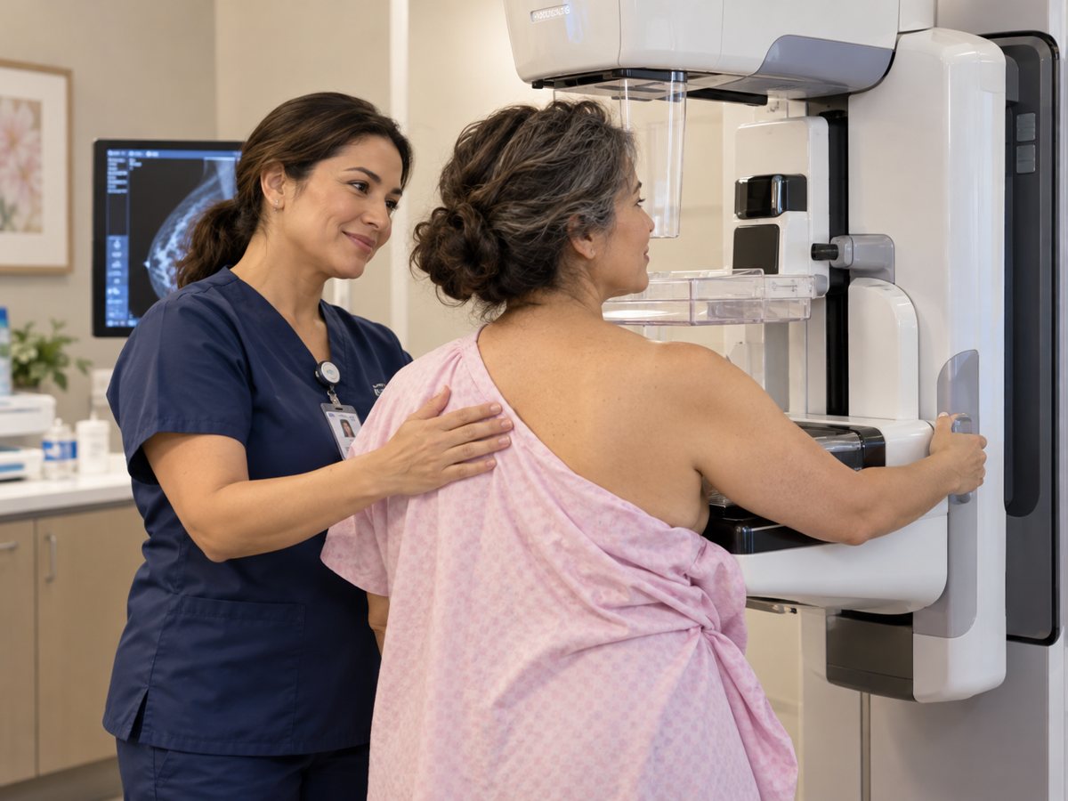 A technologist supports a patient during her mammogram