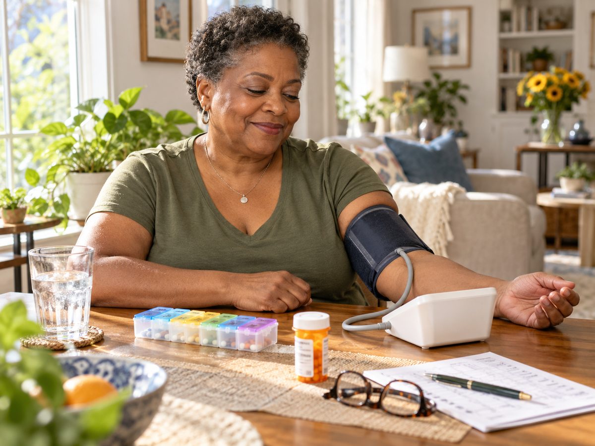 A woman smiles as she checks her blood pressure at her kitchen table