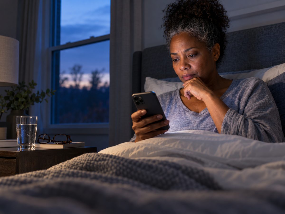 Before sunrise, a woman sits up in bed reading her lab results on her phone.