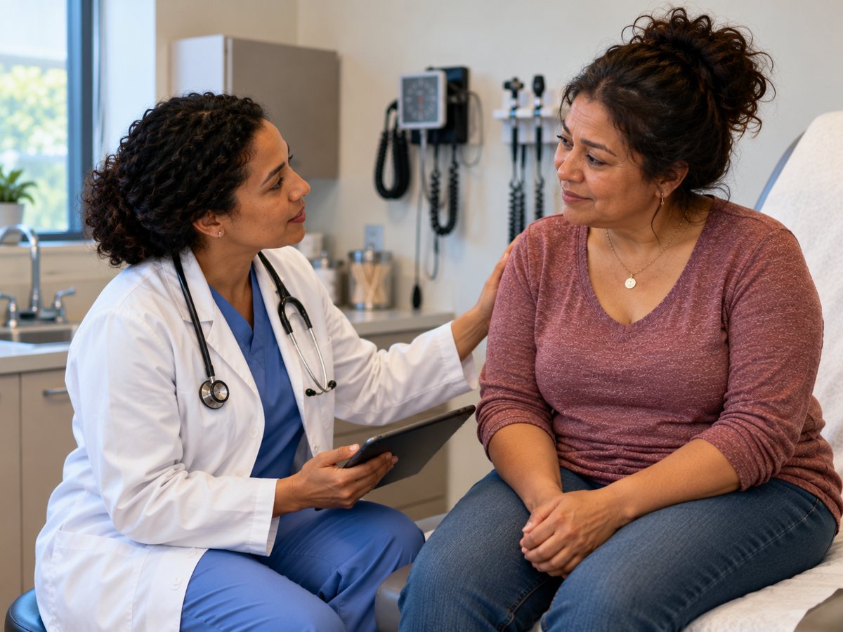 A woman smiles as her provider offers support