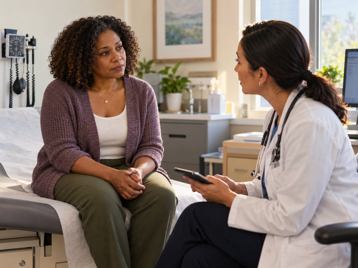 A woman talking with her provider during an exam