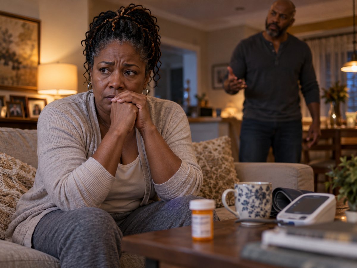 A woman sits tense on her couch as a man gestures angrily behind her
