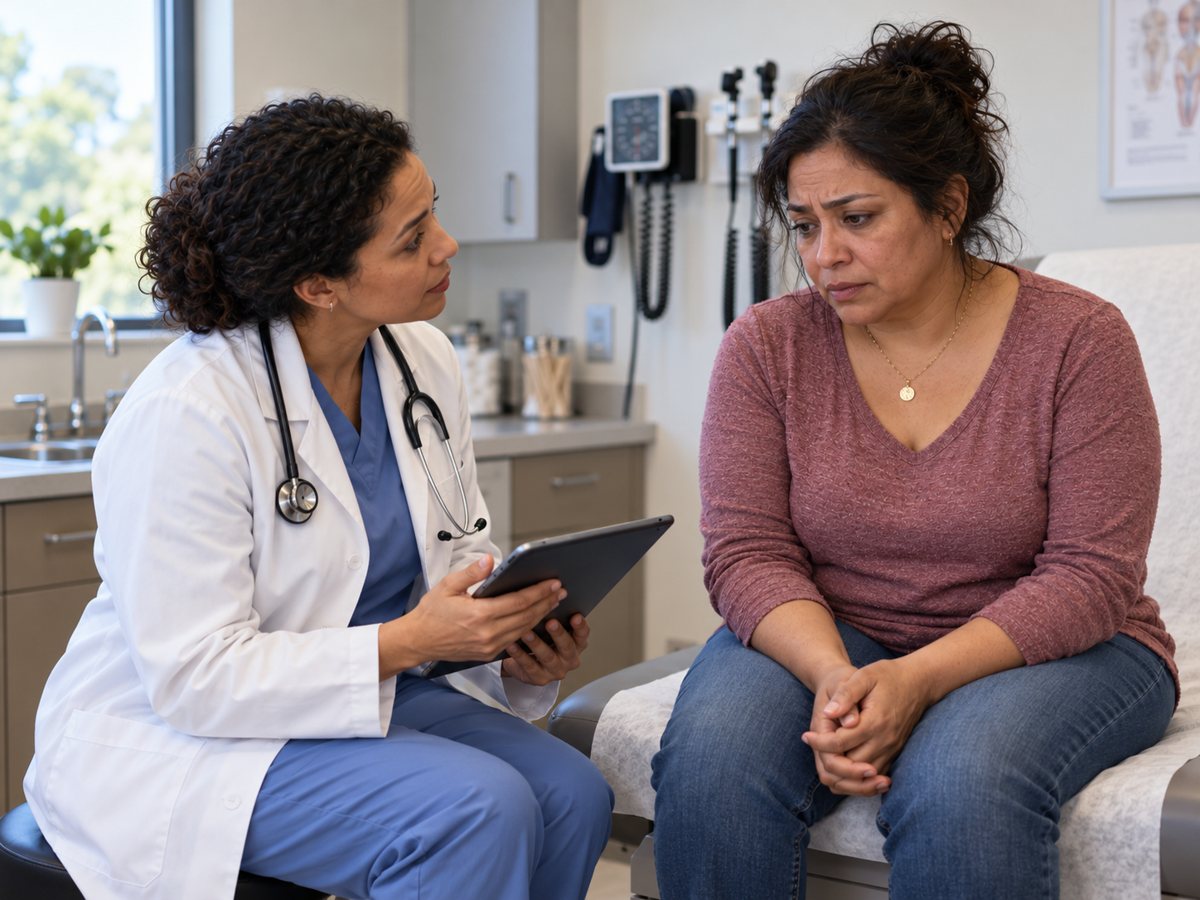 A worried woman listening to her provider