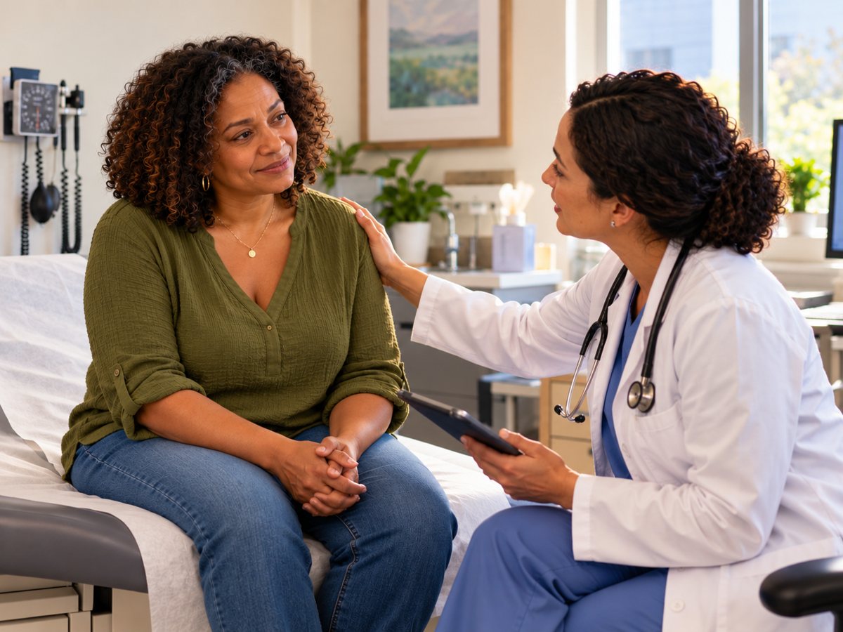 A provider places a reassuring hand on her patient's shoulder