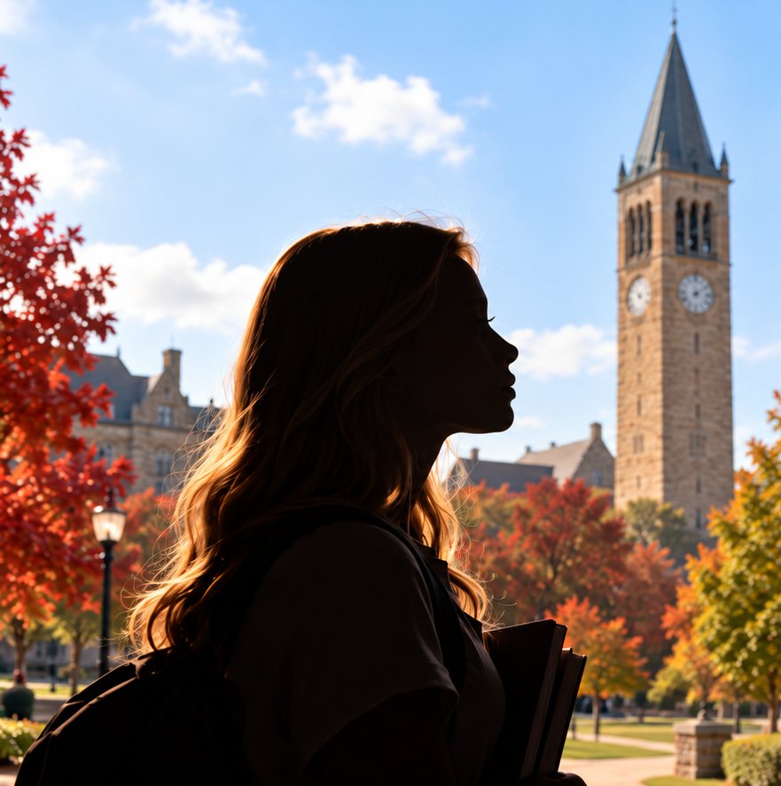 Silhouette of a young woman on an autumn campus with a stone clock tower