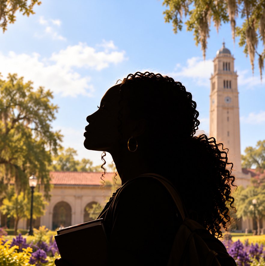 Silhouette of a young woman on a college campus